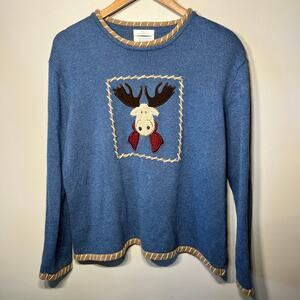 VTG Christopher & Banks Sweater Hand Embroidered Blue Holiday Moose Knit L
